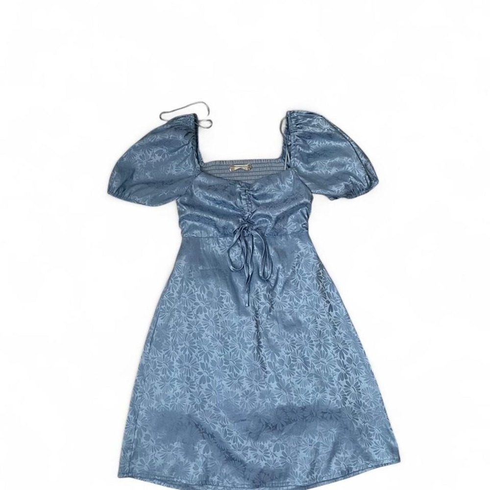 ALTAR'd State Blue Puff Sleeve Scrunch Floral Mini Dress - Picture 1 of 4